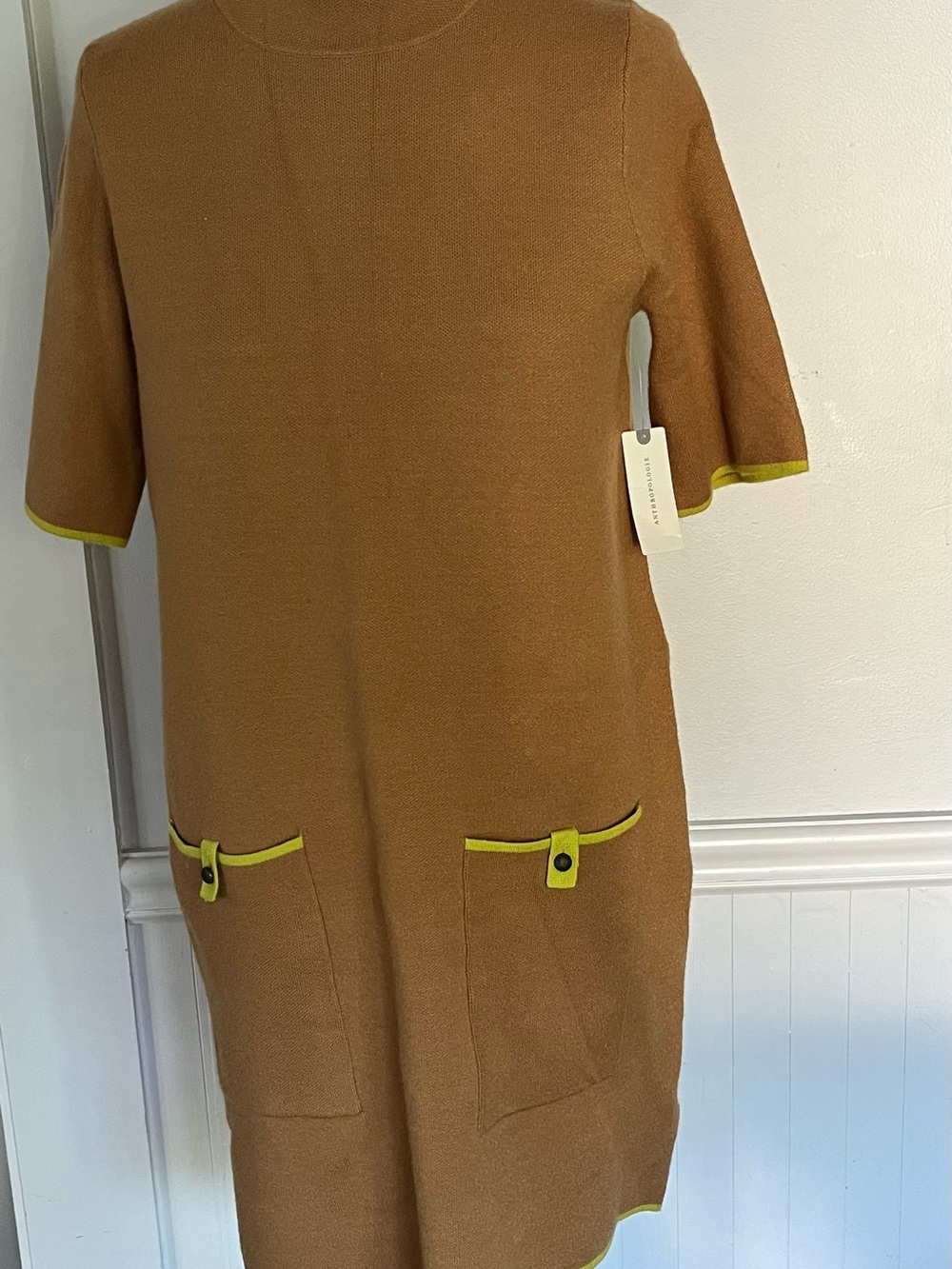 Anthropologie Camel Knit Midi Dress with Lime Trim
